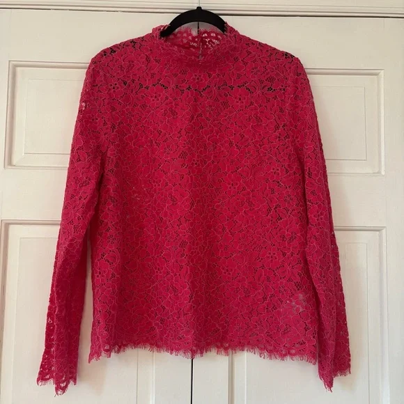 J. Crew Scalloped Lace Mockneck Top Vibrant Pink Lace Blouse Size 14 Sheer Glam - Picture 2 of 12